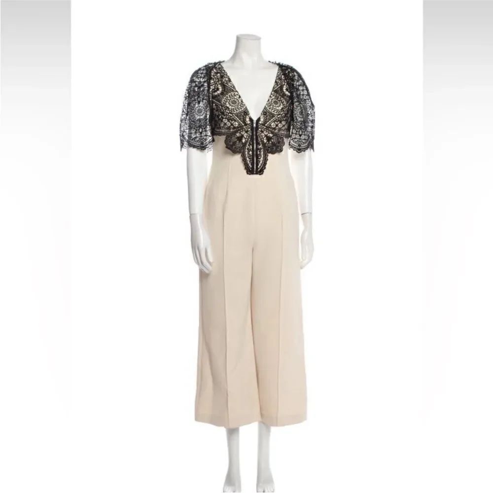 Self Portrait Elegant Black and Cream Lace Jumpsuit, US4